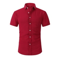 Кавејтл Блузи За Мажи, Мажи Обични Копчиња Цврсти Со Џебен Превртување Краток Ракав Дишење Кошула Блуза Црвена
