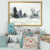 DesignArt 'Божиќ минималистички снег и шумски пејзаж' езерска куќа врамена уметничка принт