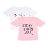 Атлетски работи Девојки Активна графичка маица со краток ракав, 2-пакет, големини 4- & плус