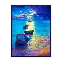Рибарски чамци на вода со темно сино небо илустрација врамена сликарство платно уметничко печатење