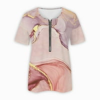 Женска Мода Лабава Удобна В-Вратот Патент Печатени Кратки Ракави Блуза Блузи Каки М