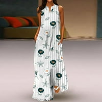 Женска Нова Пролетна И Летна Мода Класично Печатење Во Боја На Вратот Без Ракави Долг Фустан Светло Сива 2Xl
