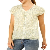 Уникатен Bargainswomen's Ruffle V вратот капаче за ракав шифон цветна блуза Топ