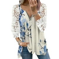 Оалиро Цветни Блузи За Жени Облечени Долги Ракави Предни Патент Кошули За Жени Против Вратот Чипка Сина