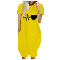 Модни Жени Лабава Љубов Печати О-Џебови На Вратот Обични Кратки Ракави Фустан Жолто