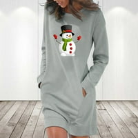 Женски Модни Божиќни Печатени Џебови Фустан Со Пуловер Со Долги Ракави