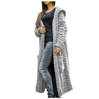 Hoksml модни жени зимска цврста цврста плетена лабава лабава качулка долга кардиган џемпер џебно палто за палто