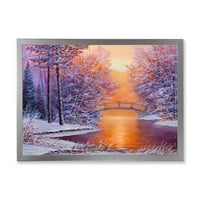 DesignArt 'Зимски пејзаж со мост над реката' Традиционално врамен уметнички принт