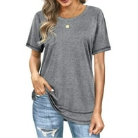 Womenенски обичен солиден врвен кошула со тркалезен врат со кратка кошула со кратки ракави, лабава маица со блуза, обична лабава