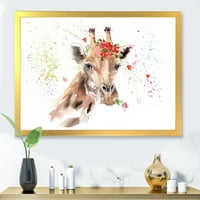 DesignArt „Портрет на жирафа со црвени цвеќиња II“ фарма куќа врамена уметност