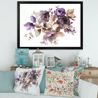 DesignArt 'Виолетова ретро цвеќиња со кафеави лисја на бело' традиционално врамено уметничко печатење
