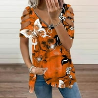 Пролетни Врвови За Жени Моден Патент Надвор Од Рамото Краток Ракав Пеперутка Печатење Краток Ракав Блуза Врвот Портокал XL